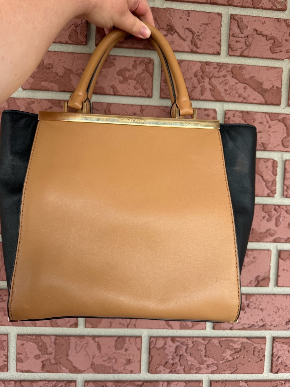 Michael Kors Two-Tone Tan and Black Satchel with Gold Trim